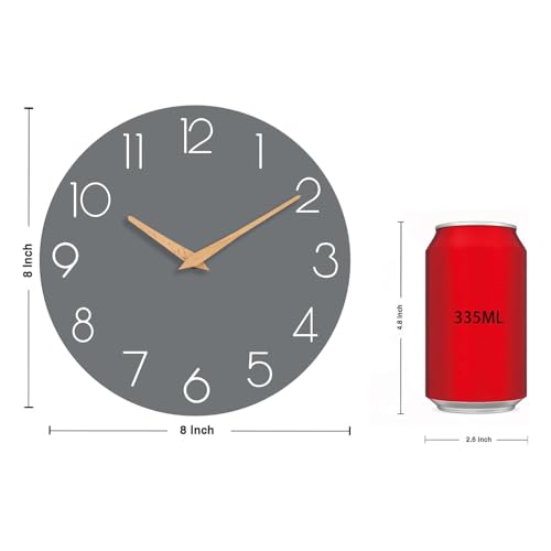 Wall Clock, Gray Silent Non-Ticking, Decorative Battery Operated Wall Clocks for Bedroom, Kitchen, Home, Office, School, Hotel (8 Inch)