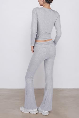 Two Piece Lounge Set for Women - Long Sleeve Round Neck Cropped Top and Flare Fold Over Leggings, Casual Pajamas2