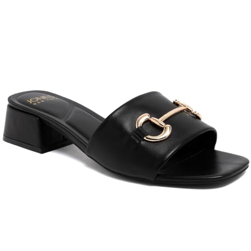 Jones New York Sandalias de tacón de bloque para mujer, elegantes, sin cordones, puntera cuadrada, herrajes dorados, tacón bajo, calzado de moda, Negro liso, 38 EU