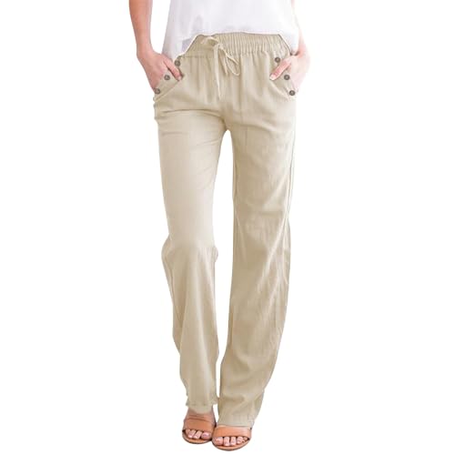 Linen Pants for Women Ankle Length Elastic Waist 100% Gauze Cotton Plus Size Button Fly Front for Cropped Pants Beach Wear Tropical Getaway and Resort Fashion for Seniors Beige