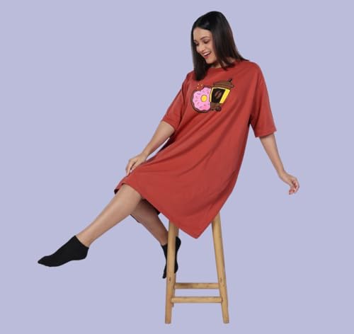 Image of LAMA STORE Women's Printed Oversized T-Shirt Dress, Cotton, 3 /4 Sleeve Length, Casual Loose Fit, Comfort Wear Extra Comfy Oversized Printed Pocket T-Shirt Dress