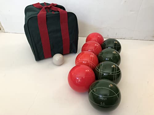 BuyBocceBalls Listing - Made in USA, Premium Quality Engraved Tournament Bocce Set, 998 Grams (2 lbs. 3.2 oz.). Various Bag Colors - 110mm Light Red and Dark Green Balls, Nylon Bag