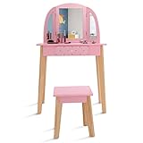【Tamaño ideal para las niñas】Este juego de tocador tiene el tamaño adecuado para las niñas. Tamaño de la mesa: 60 x 30 x 96 cm (L x AN x AL), tamaño del taburete: 26 x 26 x 30 cm (L x AN x AL), capacidad de peso de la mesa: 30 kg, capacidad de peso del taburete: 50 kg. Además, está diseñado para niños de entre 3 y 7 años.