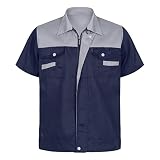 Alvivi Herren Cargo Shirt Kurzarm Arbeitshemd mit Reißverschluss Farbblock Motorrad Hemd Slim Fit Button Down Shirts D Marine Blau&Grau XL