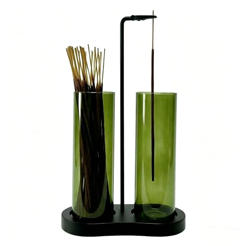 Moocervi Green Glass Incense Holder Colorful Incense Sticks Burner Holder with Storage Hang Upside Down Incense Holder for Sticks with Glass Ash Catcher for Meditation Yoga Spa Room Decor (Green)