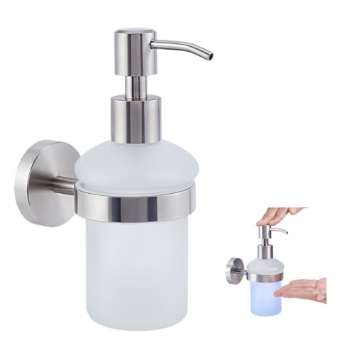 AHANDMAKER Wall Mounted Glass Soap Dispenser Clear Dish Soap Bottle with Stainless Steel Pump for Kitchen Bathroom Sink Hand Dish Soap Lotion Home Decoration, 200ml/6.8oz