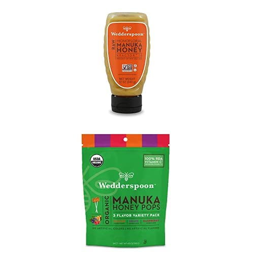 Bundle - Wedderspoon Raw Premium Manuka Honey KFactor 16 Squeeze Bottle (12 Oz) and Manuka Honey Lollipops (24 Count)