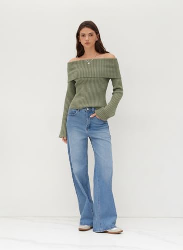 Image of CIDER Off The Shoulder Tops for Women Long Sleeve Going Out Y2K Tops Knit Pullover Fall Outfits Trendy