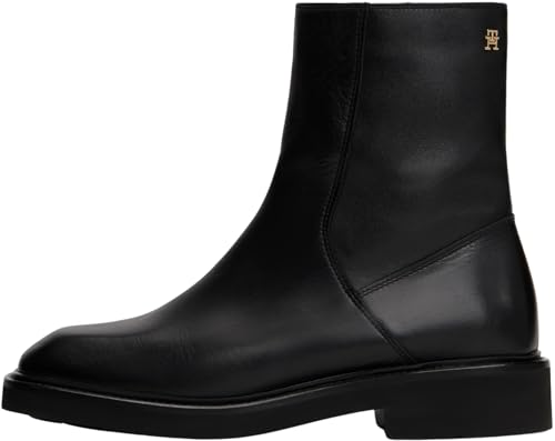 Bottes mid boot Tommy Hilfiger femme square toe en cuir noir à bout carré