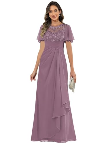Lace Applique Mother of The Bride Dresses with Short Sleeves Chiffon Pleated Wedding Formal Gown4