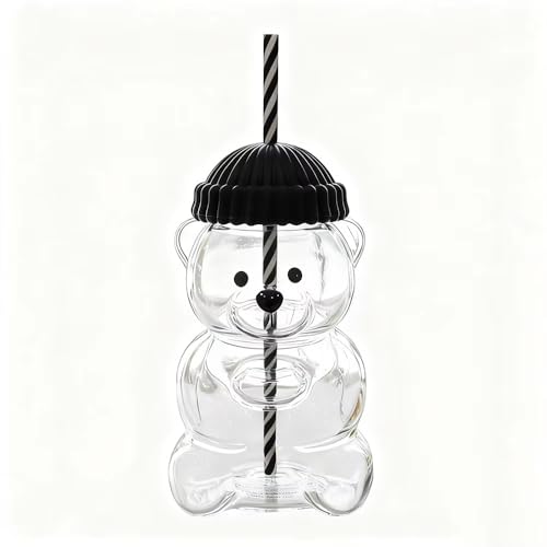 Image of New Glass Bear Straw Cup 600ML Cute Bear Glass Tumbler with Reusable Straw - Viral Animal Design for Smoothies, Boba & Iced Coffee (Black)