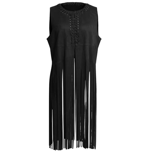 BXT Women's Casual Long Vintage Cardigan With Tassels Suede Sleeveless Vest Top Fringe Open Front Jacket Outerwear