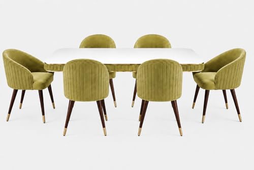 Image of WOODEN SPACE 6-Seater Wooden Dining Table Set | Nano Composite Marble Top | Solid Wood Base | Modern Dining Room Furniture with 6 Chairs (Light Green)