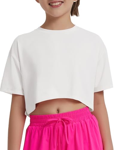 EXARUS Girls Athletic Shirts Crop Tops Cropped T Shirt Quick Dry Short Sleeve Workout Loose Fit Casual Summer Kids White 12Y