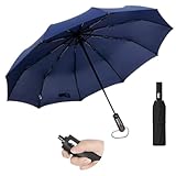 Guarda-Chuva Compacto Automático com Proteção Solar UV Secagem Rápida Abre e Fecha 1 Clique 100cm Diâmetro 33cm Fechado Estrutura Reforçada Aço Fibra de Vidro Resistente ao Vento com Capa (AZUL)