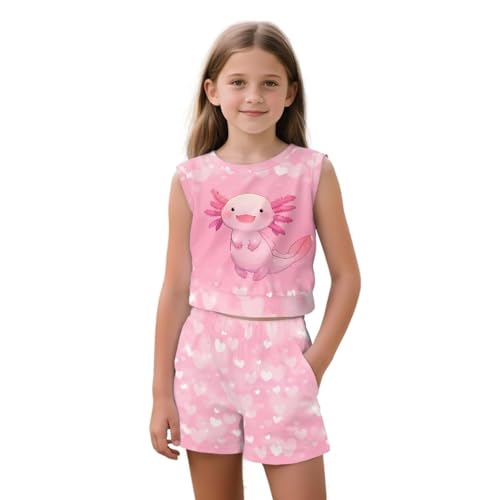 ZPINXIGN Girls Summer Outfits 2 Piece Set Tank Top and Shorts with Pocket - Kawaii Axolotl Clothes for Kids 7-8 Years Quick Dry Lightweight for Beach Vacation Gym Workout Tracksuit