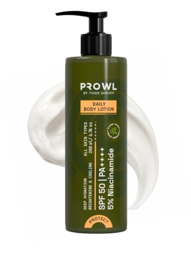 Image of PROWL by Tiger Shroff Men Body Lotion SPF 50 PA++++ with 5% Niacinamide | Daily Body Sunscreen Moisturiser for Deep Hydration & Brightening | Dry Skin, All Skin Types | Moisturizer Bodylotion | 200ml