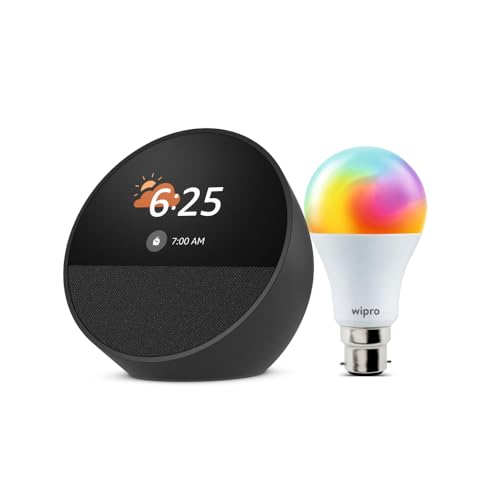Image of All-new Echo Spot, Smart alarm clock with vibrant sound + Alexa, Black Smart Home Speaker Combo with Wipro Simple Setup 9W LED Smart Color Bulb
