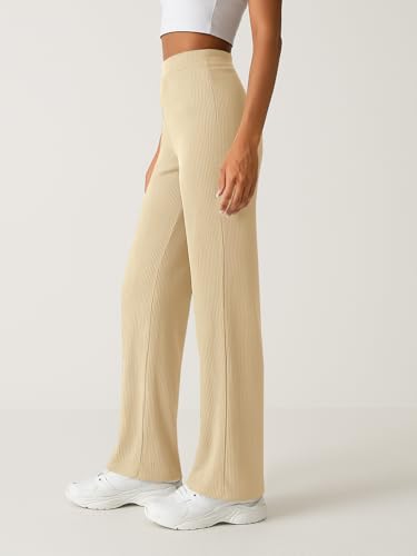 Image of Pinkmint Women High Waist Ribbed Wide Leg Trousers | Stretchable Palazzo Pants | Gym Yoga Workout Sports Activewear | Casual Lounge Travel Office Elastic Waist Flared Pants