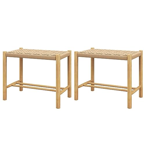 Image of TANGZON Woven Bar Stools Set of 2, Rubber Wood Backless Bar Chairs with Paper Rope Weave Seat & Footrests, Kitchen Counter Height Dining Stools for Home Living Dining Room Farmhouse (56 x 36 x 45cm)