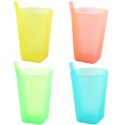Taozoey Vasos con Pajita Integrados, 4 Colores Taza de Plástico con Pajita, Vasos con Pajita Integrados Niños, Vasos Infantiles Plastico con Pajita for Daily Use (360ML, 4 Pack)