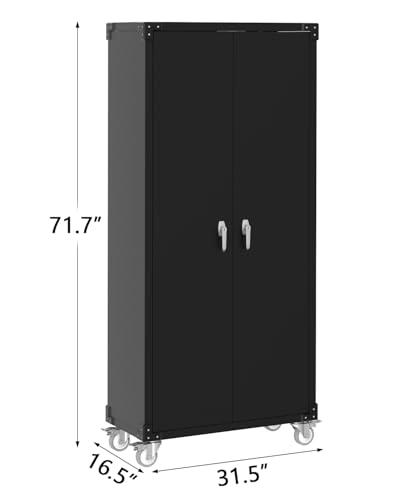 Garage Storage Cabinet 72" Locking w/Wheels & Pegboard | Heavy-Duty Steel w/ 4 Adjustable Shelves | Workshop Home Office Organizer, Black - Image 3