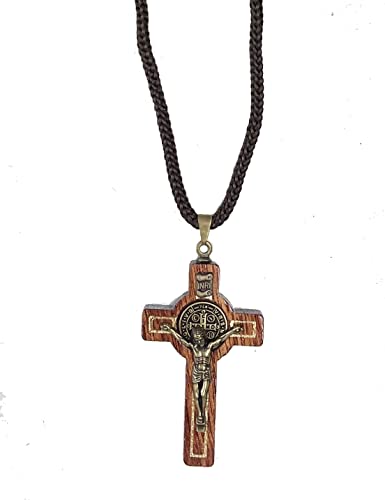 Catholica Shop Saint Benedict Medal Wood Crucifix Cord Necklace for Men & Women – Handcrafted Religious Pendant, Healing, Travel Protection, Perfect for Gifting on Special Occasions, Made in Brazil