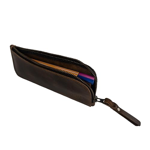 Image of Full Grain Leather Flat Pencil Pouch, Curved Pen and Marker Case for Men and Women, Zippered Bag for Work & Artists Accessories, Bourbon Brown