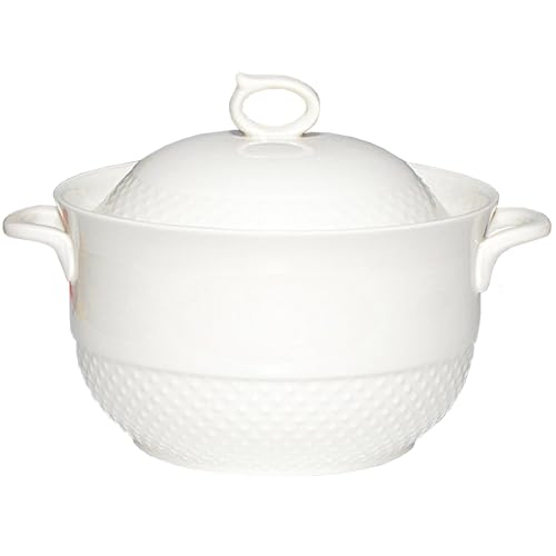 Olla de cerámica, Cacerolas pequeñas de cobre, sopera blanca con tapa, plato porcelana for servir cuchara, olla for caldo(White,1.8Quarts)