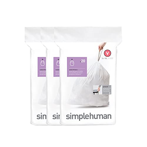 simplehuman Code V 60 Count Dispenser Pack Custom Fit Liners Drawstring Trash Bags 16-18 Liter / 4.2-4.8 Gallon White