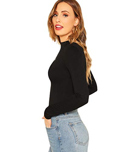 Verdusa Women's Basic Mock Neck Slim Fitted Long Sleeve Pullovers Tee Tops Black S