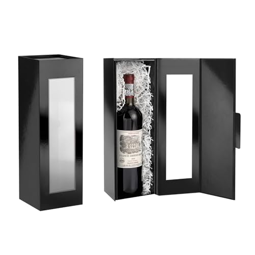 PACKQUEEN 2 Wine Gift Boxes with Window, 13.5x4.5x4 Inches Black Bottle Gift Boxes for Liquor and Champagne, Reusable Collapsible for Wedding Anniversary Festivals Party Present (Glossy Black)