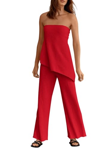 Tankaneo Womens 2 Piece Outfits Asymmetrical Tube Top Wide Leg Pants Knit Vacation Travel 2026 Matching Lounge Sets