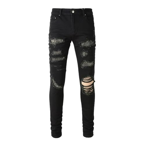 Jeans Pants Trousers Denim Men Stretch Slim Fit Skinny Trendy Worn Hole Black Piercing with Zircon Shining Wrinkles Personalized Casual Small Leg(Black,29)