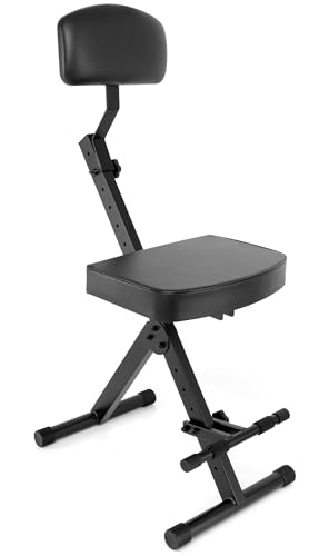 PYLE Drum Throne - Guitar Stool, Foldable & Portable Chair w/ Backrest & Footrest, Adjustable Music Stool for Adults, Padded Cushioned Seat & Back