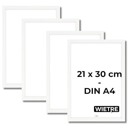 WIETRE set di 4 cornici A4 21x30 cm in legno MDF bianco | cornice per poster | vetro acrilico infrangibile | da appendere e da appoggiare - per foto, quadri e poster