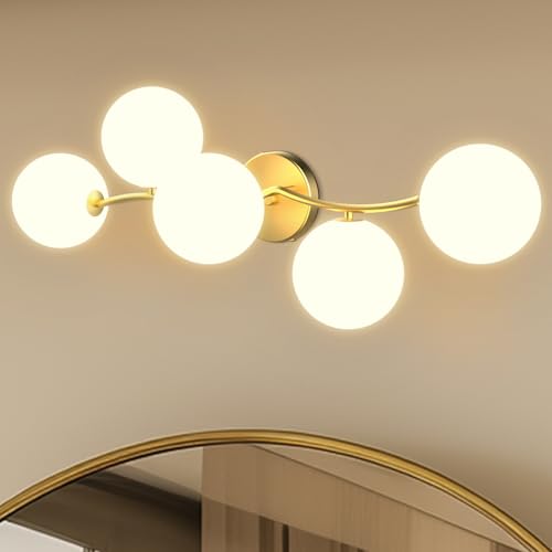 Image of 5-Light Bathroom Vanity Light, Bathroom Lighting Fixtures Over Mirror with Milk White Glass Shades, Modern Brass Gold Vanity Lights Dimmable Wall Sconce Wall Mount for Stairway, Bedroom, Hallway