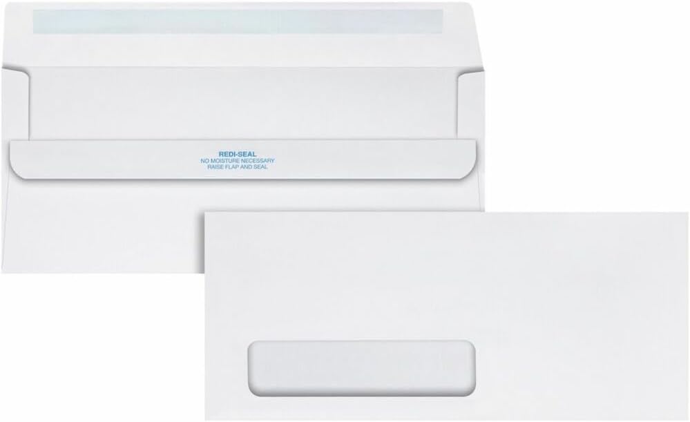 Quality Park Redi-Seal Envelope, Address Window, #10, Commercial Flap, Redi-Seal Adhesive Closure, 4.13 x 9.5, White, 500/Box