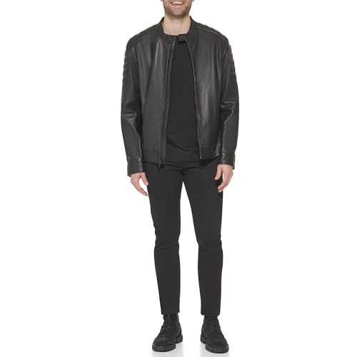 Image of Cole Haan Men's Stand Collar Fully Lined Leather Jacket