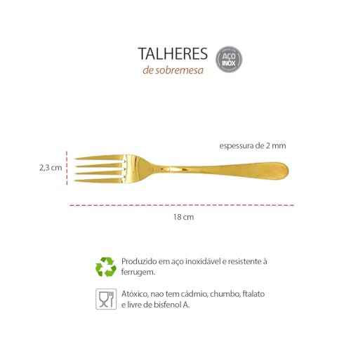 Genérico, Garfo de Sobremesa Dourado Ouro Talheres Aço Inox 6un