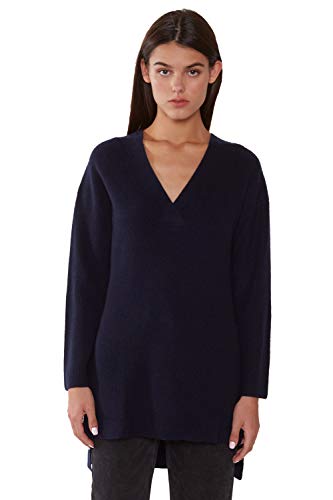 JENNIE LIU Women's 100% Pure Cashmere Long Sleeve Ribbed Tunic Sweater(S, Navy)