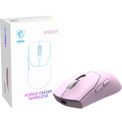 msi Forge GM340 Wireless Violet Mouse Gaming Wireless Wired 12000 DPI, tasso di interrogazione 1000 Hz, Design simmetrico, 50+ Milioni di clic, 6 pulsanti, autonomia 82 ore, latenza 1 ms, 57g