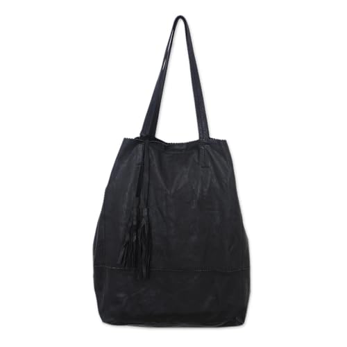 NOVICA Bali Handmade Leather Tote Bag Black