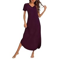 Marvmys Chemise de Nuit Femme Coton Manches Courtes Vetements De Nuit Grande Taille Robe de Nuit col V Nuisette Femmes D'été avec Poches L-4XL