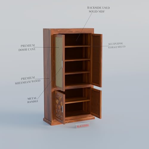 Image of Solid Wood Storage Cabinet with Cane Doors & Carved Panels | Modern Wooden Wardrobe Organizer for Living Room, Bedroom & Dining Room (Natural Finish)