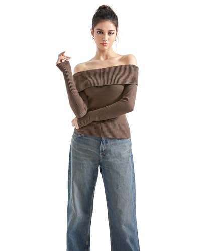 Image of SUUKSESS Women Off Shoulder Sweaters Long Sleeve Ribbed Knit Going Out Fall Tops Blouse