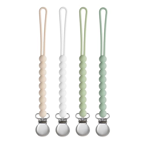 Image of Pacifier Clip for Boys Girls - MORIBOX 4 Pack Paci Clip Soothie Baby Binky Holder for Shower Gift Birthday (Beige+White+Lgreen+Sage)