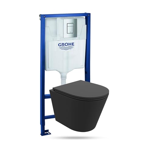 Lavita Vorwandelement Solido + Wand Hänge WC Galve Schwarz Spülrandlos + WC Sitz mit Absenkautomatik Verchromter Knopf Komplettset Unterputz Spülkasten Toilette Komplett Sett WC