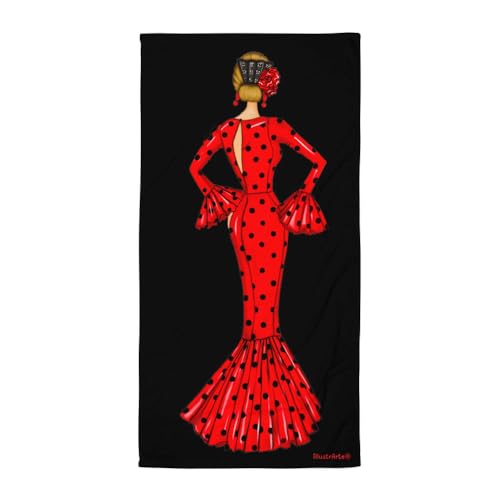 IllustrArte Toalla Flamenca – María con Vestido Rojo y Fondo Negro - (70x140 cm, 250 g/m²)