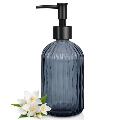 Topsky Stripe Glass Soap Dispenser with Black Plastic Pump 400ml Liquid Hand Soap Dispenser Rustproof Pump for Kitchen & Bathroom Great for Lotions Essential Oil Liquid Soaps- (Grayish Blue)